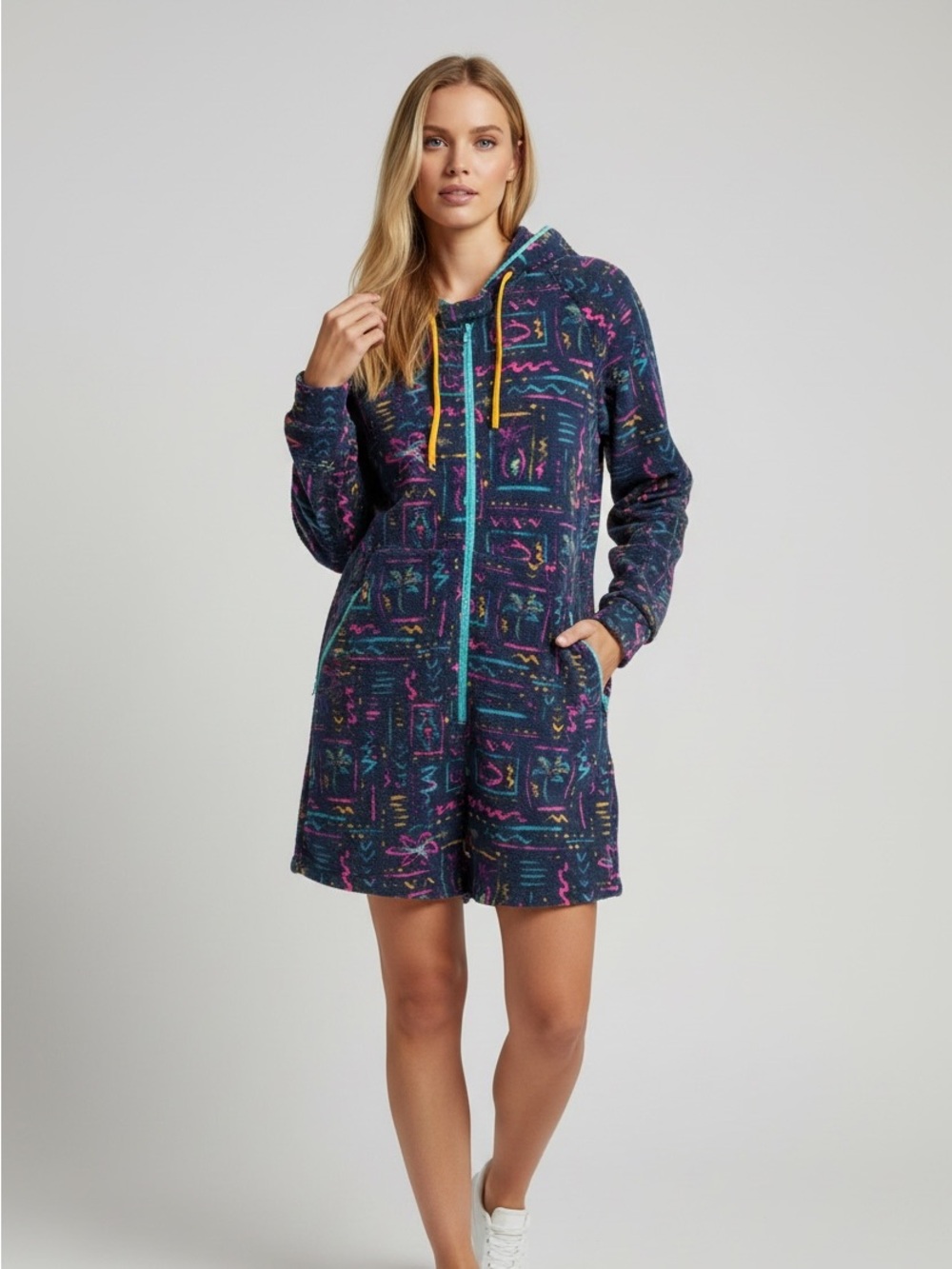 Chubbies One Piece Lounge Wear Romper L Fullzip Multico Oversized Pockets fun